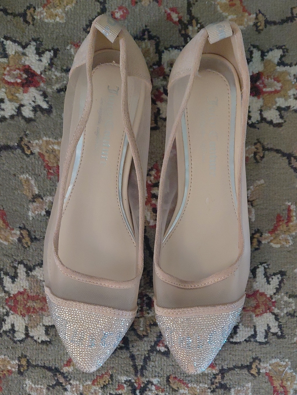 Juicy Couture Blush Pink Mesh Pointed Toe Flats with Crystal Toe Caps